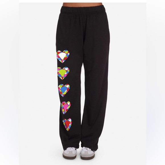 Lauren Moshi Pants - Lauren Moshi JUVIA Diamon evil eye Black Track Pants w Colorful Heart Accents M
